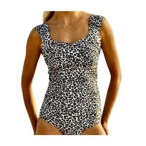 Albion Savannah White Leopard Print One Piece Swimsuit Ruched Wide Strap Glam M